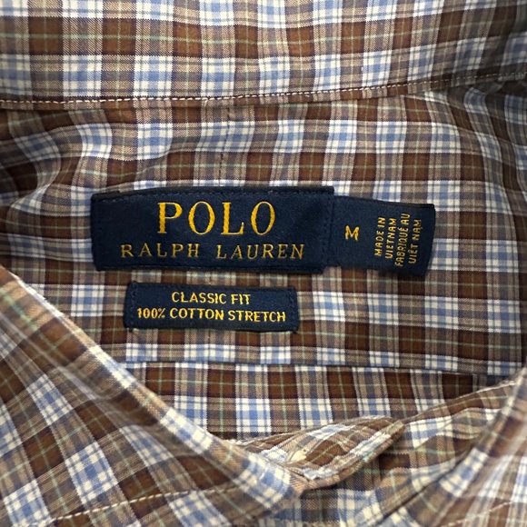 Polo Ralph Lauren Shirt Men Blue Brown Cotton Stretch Button Down Gingham - M - Picture 3 of 4